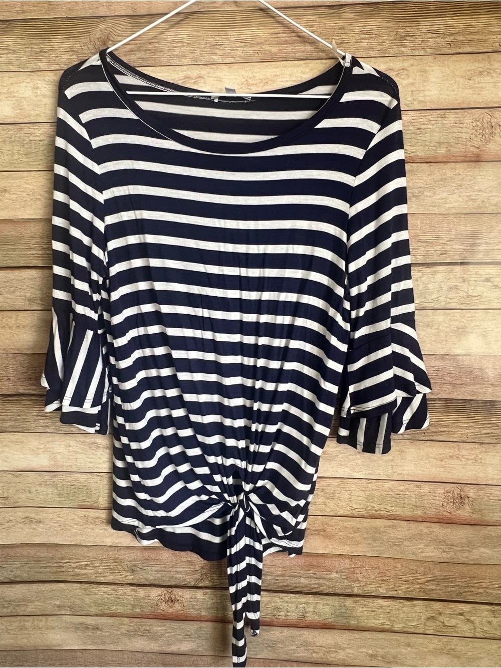 white birch Navy and White Striped Tie-Front Tunic